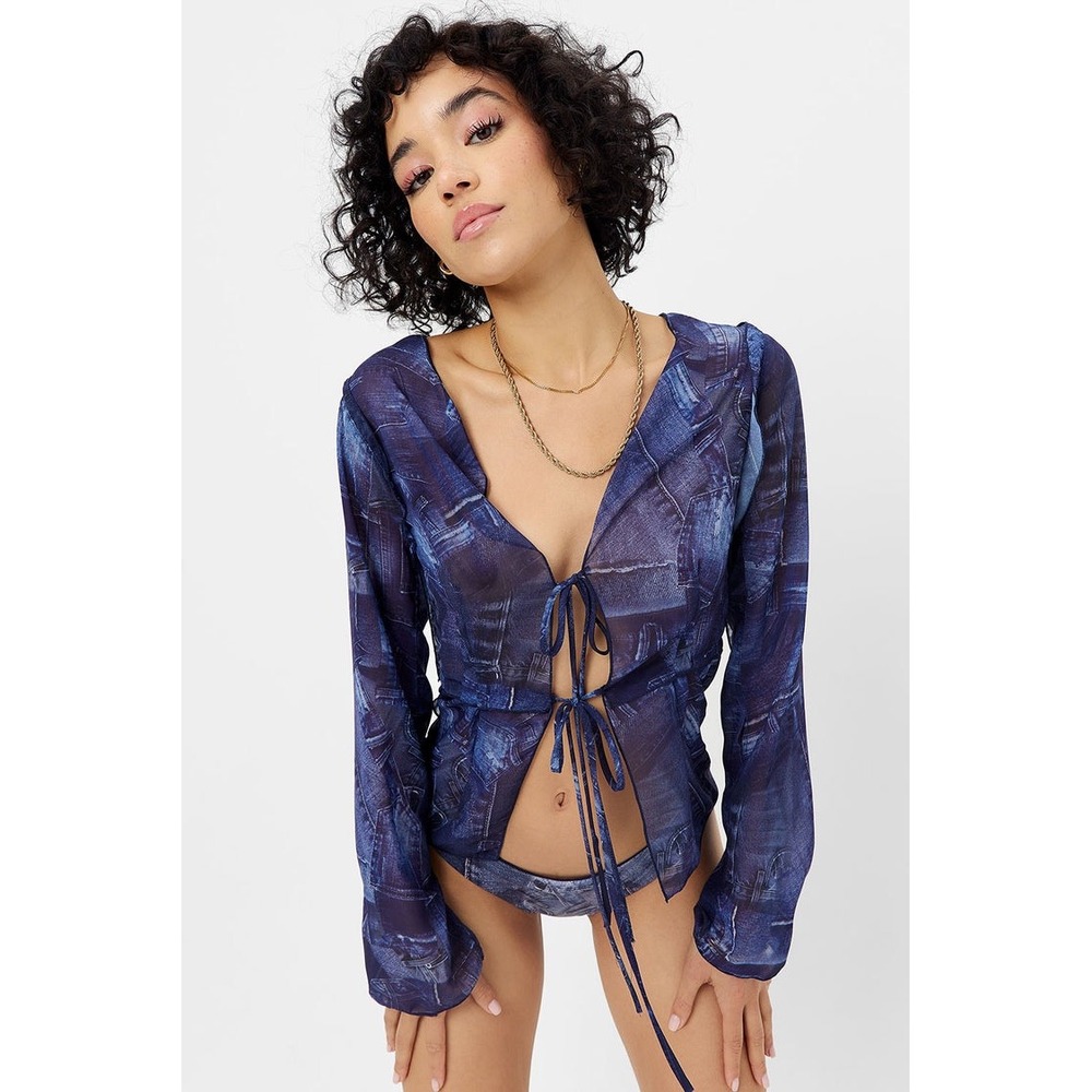 Frankies Bikinis Molly Long Sleeve Shirt in Blue Jean Print Mesh Tie Front Top S - Picture 2 of 9